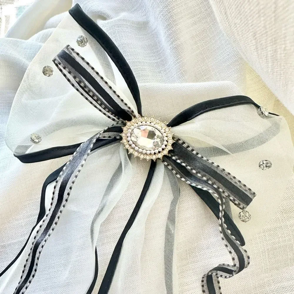 Sheer black trim rhinestone embellished hair bow - great for thick hair